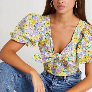 River Island floral Puffed Sleeve tie front crop top Yellow and Purple size 14